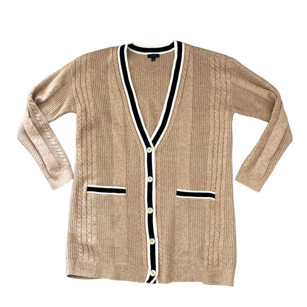Talbots Cable Knit long Cardigan Sweater Size M Button down Cotton Preppy Tipped - Picture 16 of 17